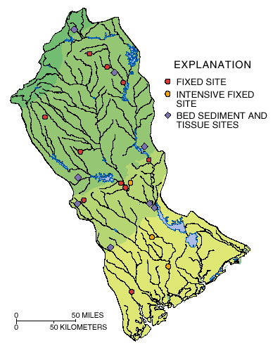 The Santee River Basin Stream Chemistry and Biology Sampling Sites.