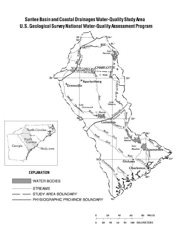 The Santee River Basin and coastal drainages study area map.