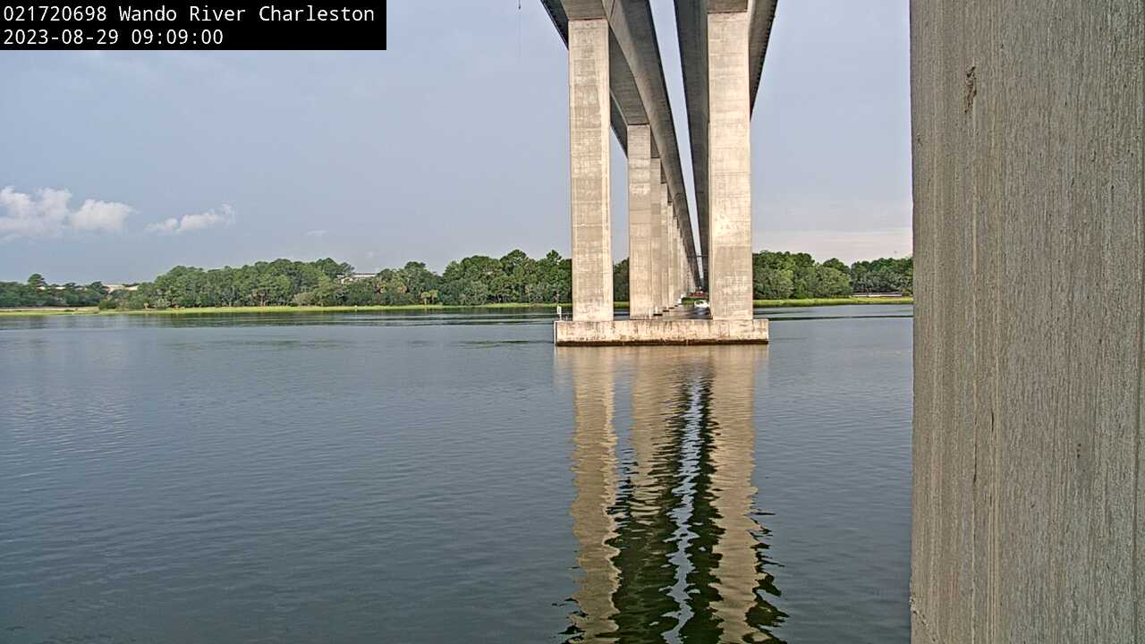 View of river, under a large bridge.