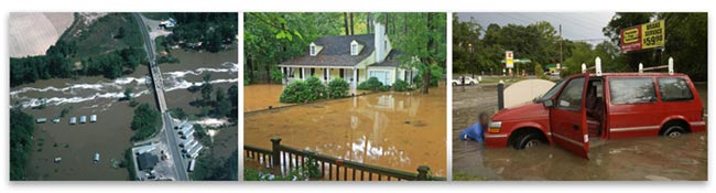 1: Aerial view of flooded buildings near river; 2: Flooded house near Peachtree Creek at Northside Drive in Atlanta, GA; 3: Flooded van near Rocky Branch at Whaley St. in Columbia, SC