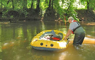 Collecting sub-surface channel and scour data at a small, wadeable stream using a ground penetrating radar system.